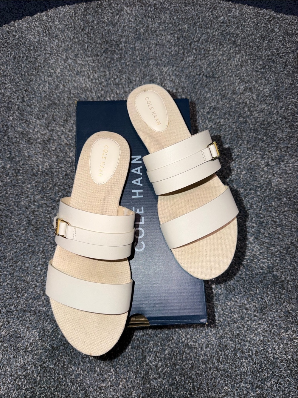 Cole Haan Cream Double-Strap Slide Sandals with Gold Buckle